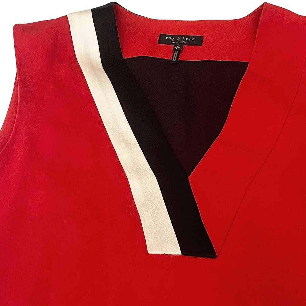 Rag & Bone Red V-Neck Contrast Stripe Sleeveless Blouse Crepe Top - Size S/P - Picture 7 of 8